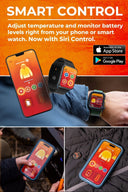 Promotional collage for a smart temperature-monitoring wearable device shown on a phone and smart watch, with text reading 'SMART CONTROL' and app store badges for App Store and Google Play. Multiple lifestyle inset photos show the device in use on a wrist and held in hand outdoors. - product view 5